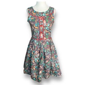 Retrolicious Gray Woodland Print Mini Dress with Teal and Red Trim